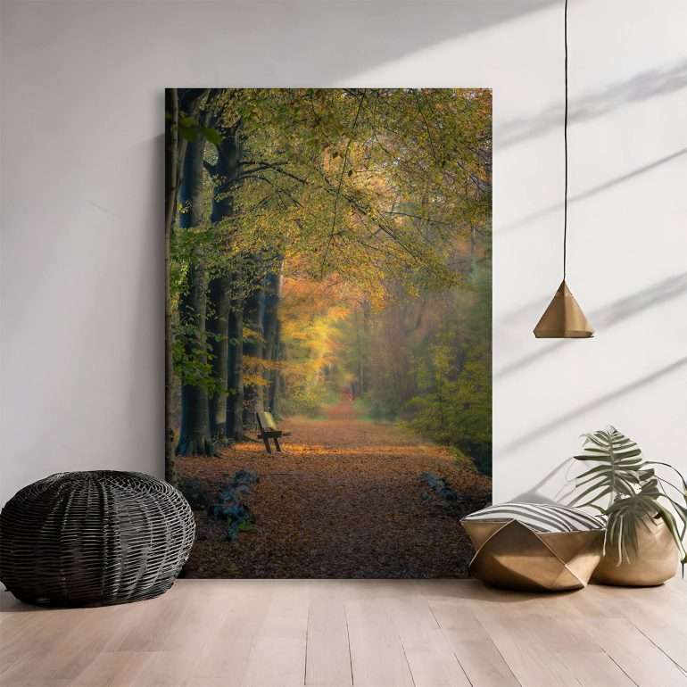 Wanddecoratie Autumn Stroll toont een herfstwandeling in de bossen van Bakkevean, Friesland