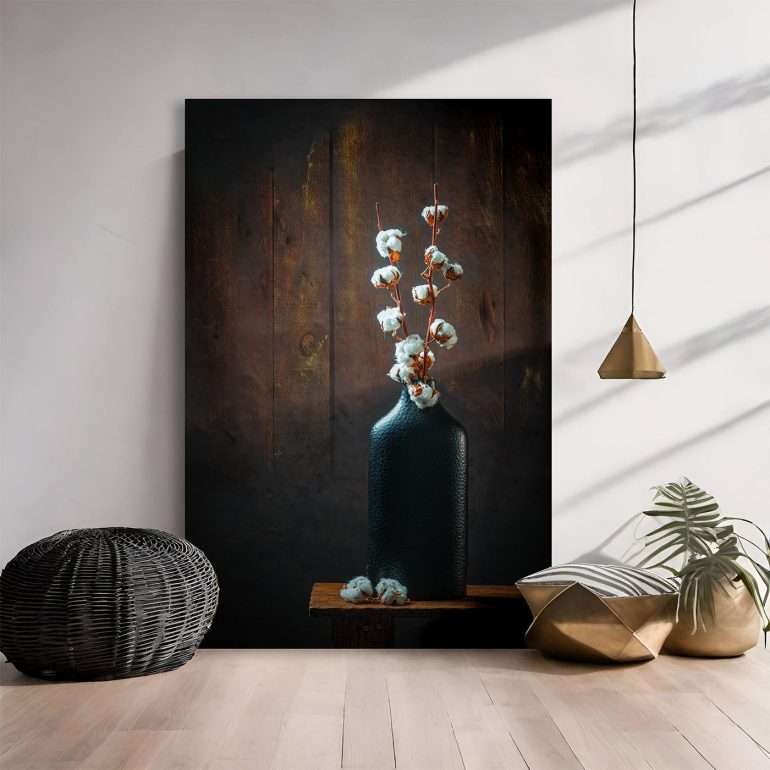 wanddecoratie cotton balls, stilleven vaas met katoenballetjes