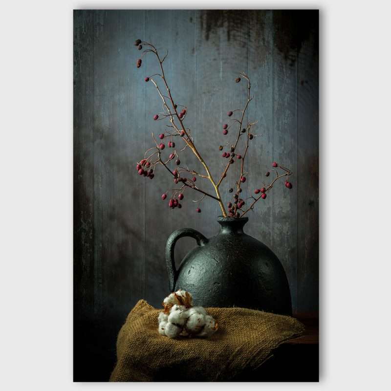 wanddecoratie little red berries, stilleven van een tak met rode bessen