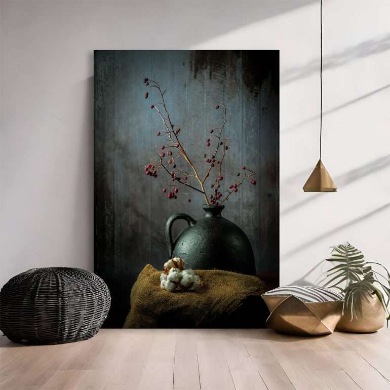 wanddecoratie little red berries, stilleven van een tak met rode bessen