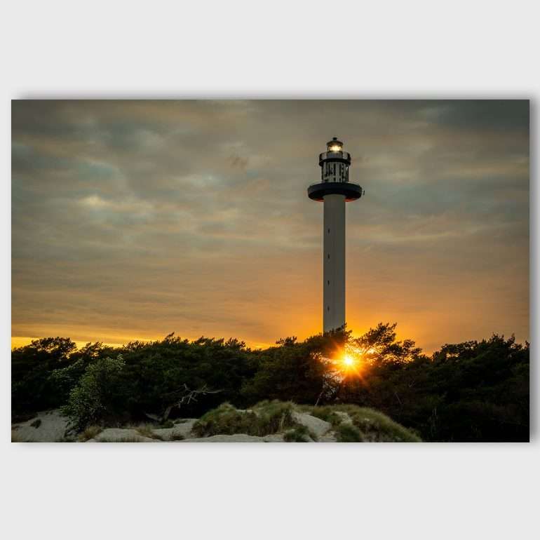 Synchronised Lights wanddecoratie met vuurtorens bij Dueodde, Bornholm in de ondergaande zon